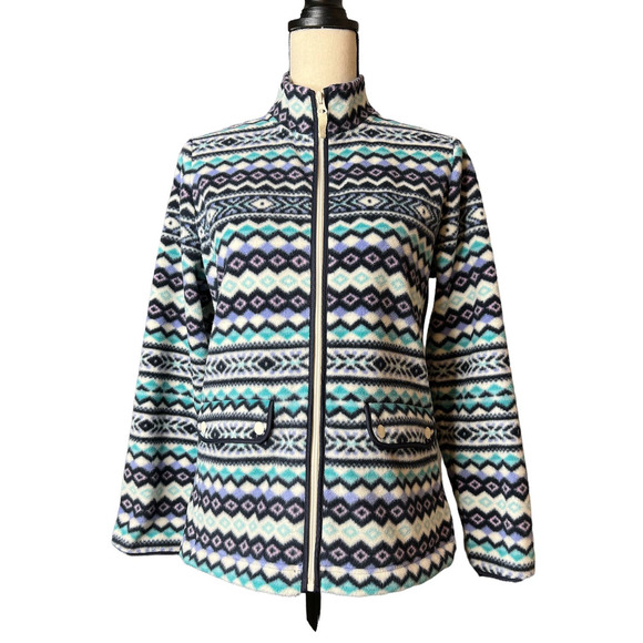 Talbots Fair Isle Aztec Print Fleece Jacket in Blue White Purple Size M Petite - Picture 1 of 5